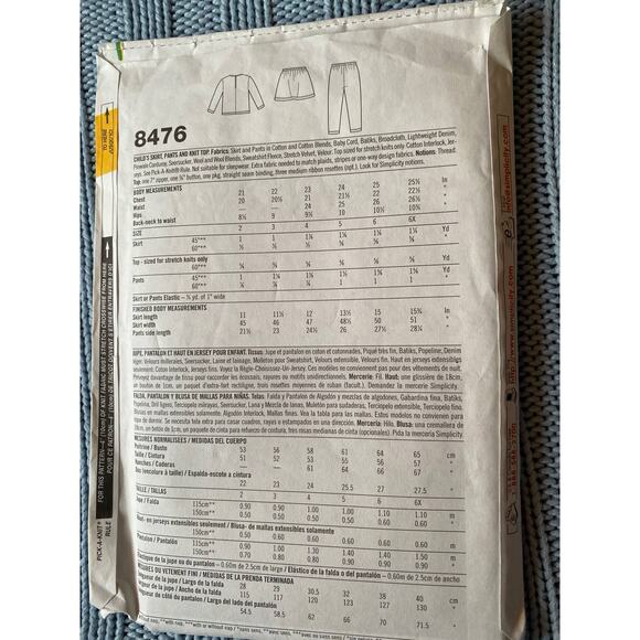 Simplicity 8476 Girls top skirt pants - Picture 3 of 5